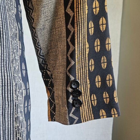 Vtg Silk Jacket Medium Black Tribal Bohemian Long Blazer Deadstock 80s Office - Picture 9 of 9